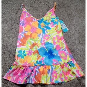Beach Bunnys Swimwear Aliya Mini Dress Neon Pink Floral Swim Cover-up sz Large L